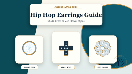 Hip hop earring styling guide with round studs, cross studs and iced flower stud earrings shown on a clean premium jewelry layout.