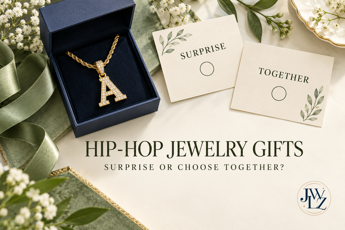 Conceptual jewelry gift box beside surprise and choose-together cards on a bright sage and ivory tabletop.