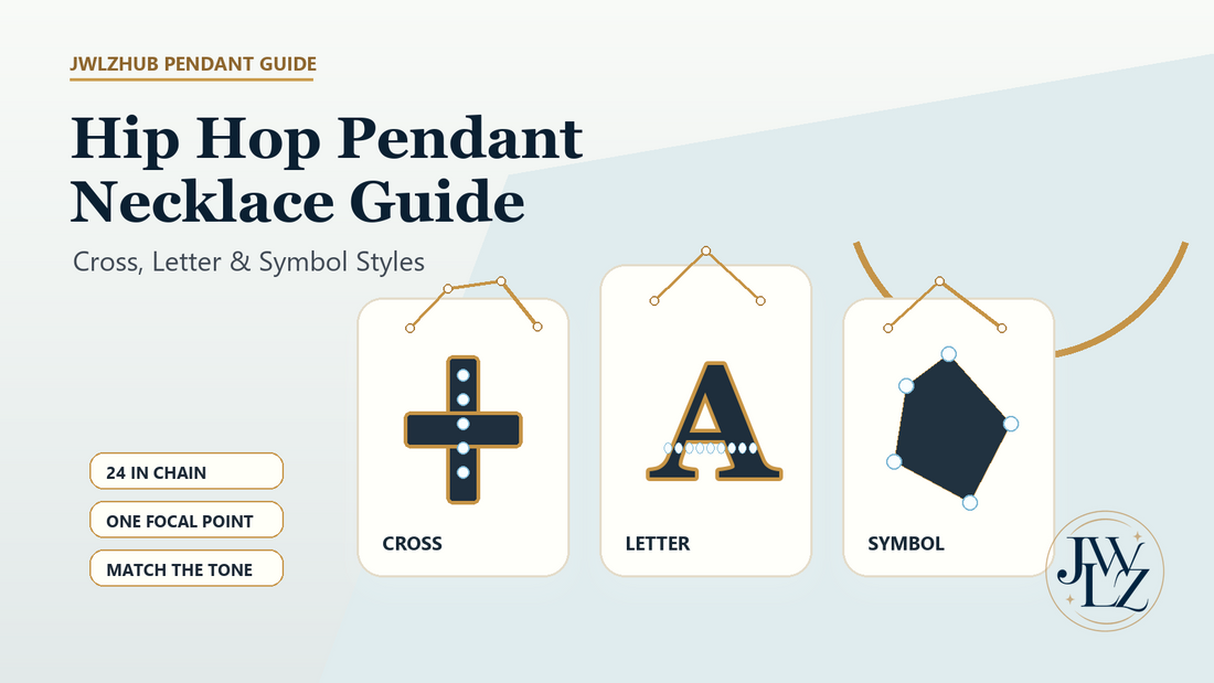 Hip hop cross, letter and symbol pendant necklaces compared on a bright styling board with chain length and metal tone notes.