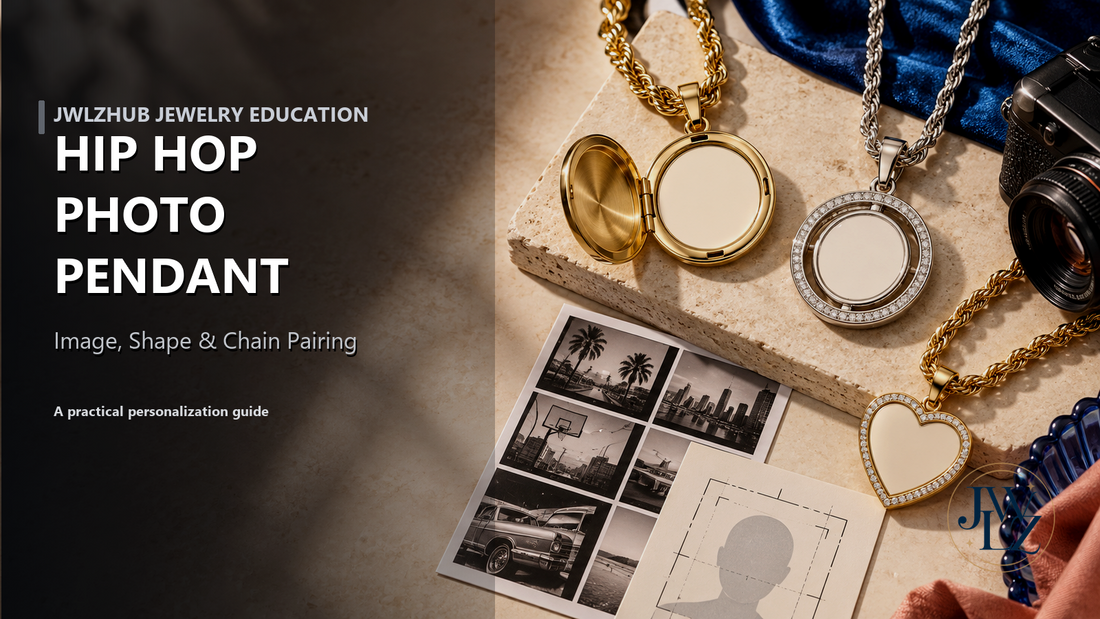 Gold-tone and silver-tone hip hop photo pendant styles arranged with a camera, crop card and exact guide title on a warm studio background.