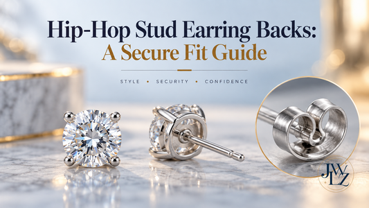 Round iced stud earrings shown from the front and back with a close-up of a friction earring back.