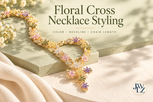 Editorial multicolor floral cross necklace on pale sage display surfaces with the title Floral Cross Necklace Styling.