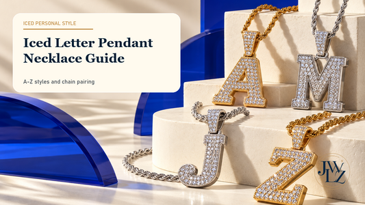 Iced letter pendant necklace guide with gold and silver A, M, J and Z pendants displayed on ivory platforms with cobalt blue accents.