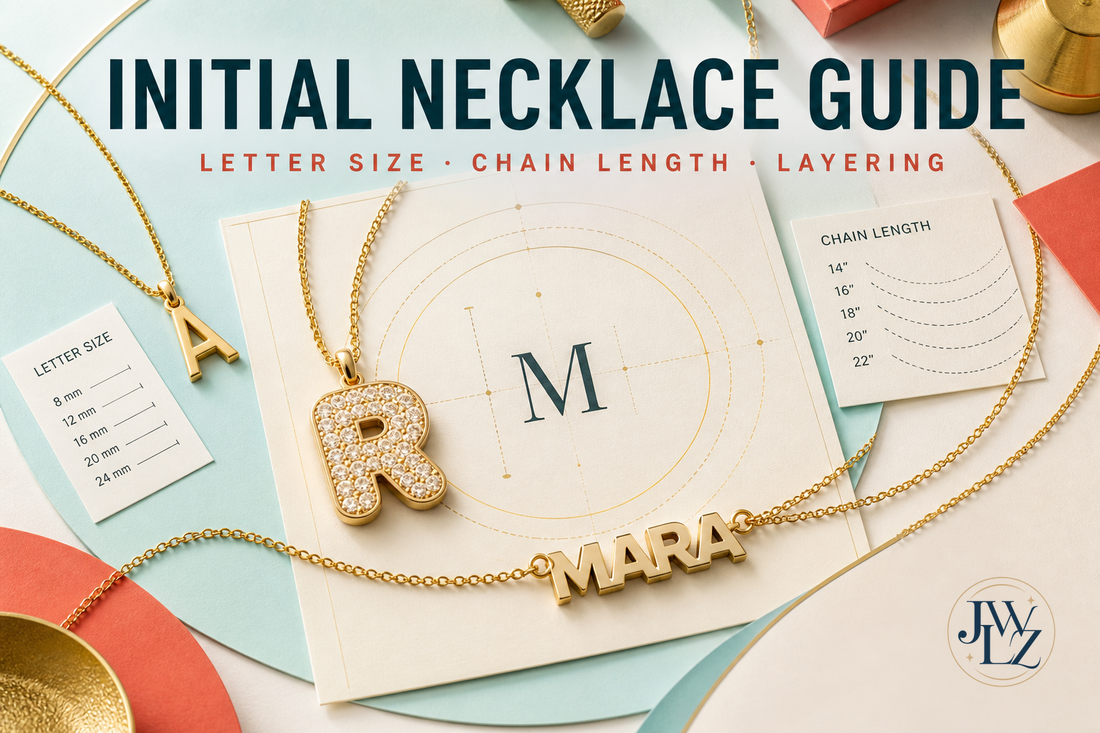 Premium initial pendants in several letter sizes arranged with chain-length guides on a bright personalized jewelry design table.