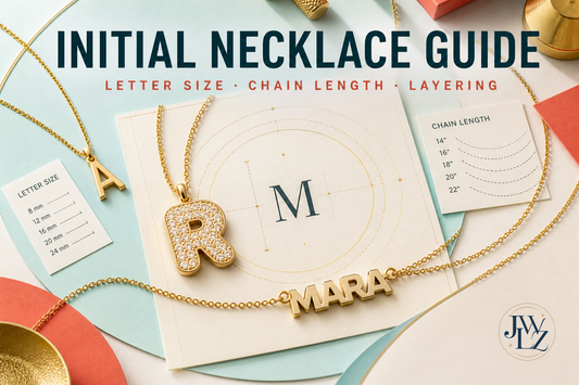 Premium initial pendants in several letter sizes arranged with chain-length guides on a bright personalized jewelry design table.