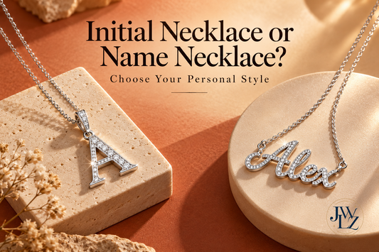 AI-generated editorial display comparing an A initial pendant with an Alex name necklace on warm terracotta blocks