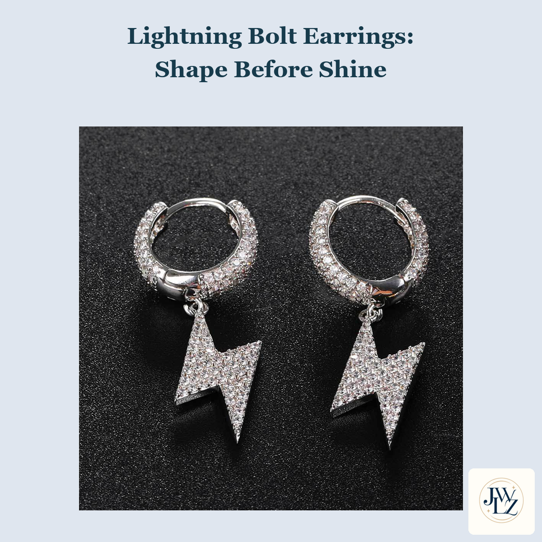 Existing silver-tone lightning bolt hoop earring photograph on a blue-gray cover titled Lightning Bolt Earrings Shape Before Shine