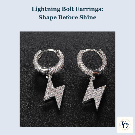 Existing silver-tone lightning bolt hoop earring photograph on a blue-gray cover titled Lightning Bolt Earrings Shape Before Shine