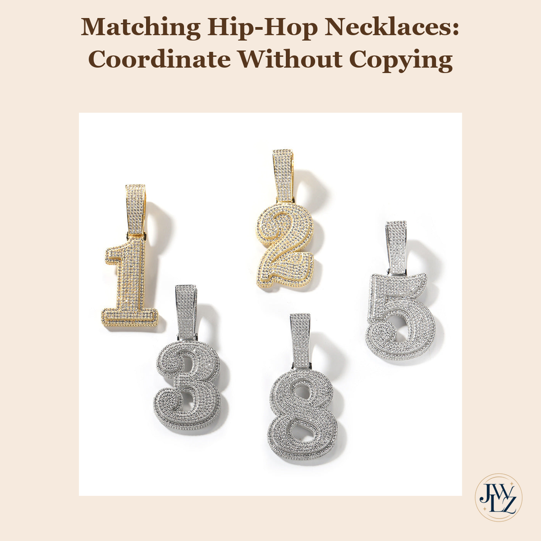 Existing number pendant photograph on a warm editorial cover titled Matching Hip-Hop Necklaces Coordinate Without Copying