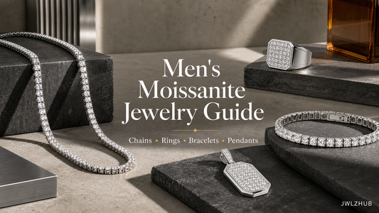 Men's moissanite jewelry buying guide cover featuring an iced chain, ring, bracelet and pendant in a clean editorial layout.