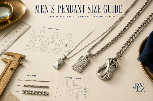 Three refined men's pendant and chain combinations arranged with millimeter and inch measurement guides on a bright jewelry design table.