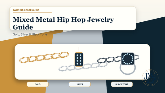 Mixed metal hip hop jewelry guide showing gold, silver, rose and black-tone chains, rings and bracelets arranged in a premium styling layout.