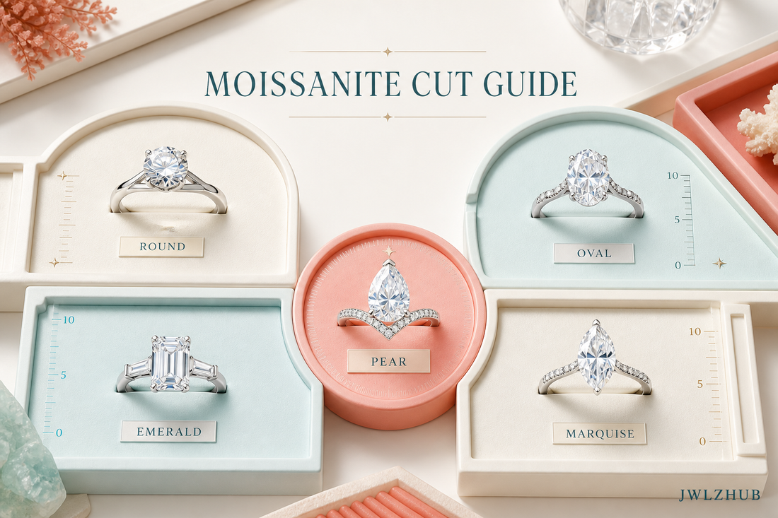 Round, oval, pear, emerald and marquise moissanite rings displayed on a bright gem cut atlas with JWLZHUB branding.