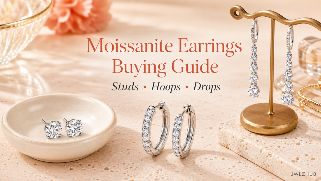 Moissanite earrings buying guide cover with stud, hoop and drop earring styles arranged on a warm editorial vanity.