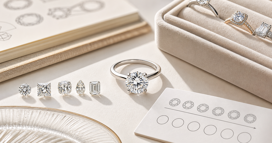 Close-up of a sparkling moissanite ring beside cut, carat, color, and setting notes on a clean jewelry table.