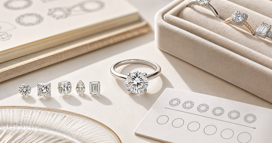 Close-up of a sparkling moissanite ring beside cut, carat, color, and setting notes on a clean jewelry table.