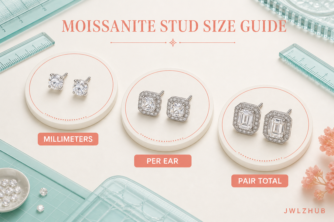 Moissanite stud earrings compared by 6.5mm diameter, per-ear carat and total pair weight on a bright measurement board with JWLZHUB branding.
