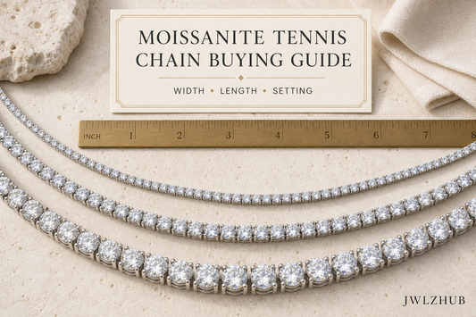 Moissanite tennis chains in three widths arranged on a bright jewelry worktable with a length guide and JWLZHUB logo.