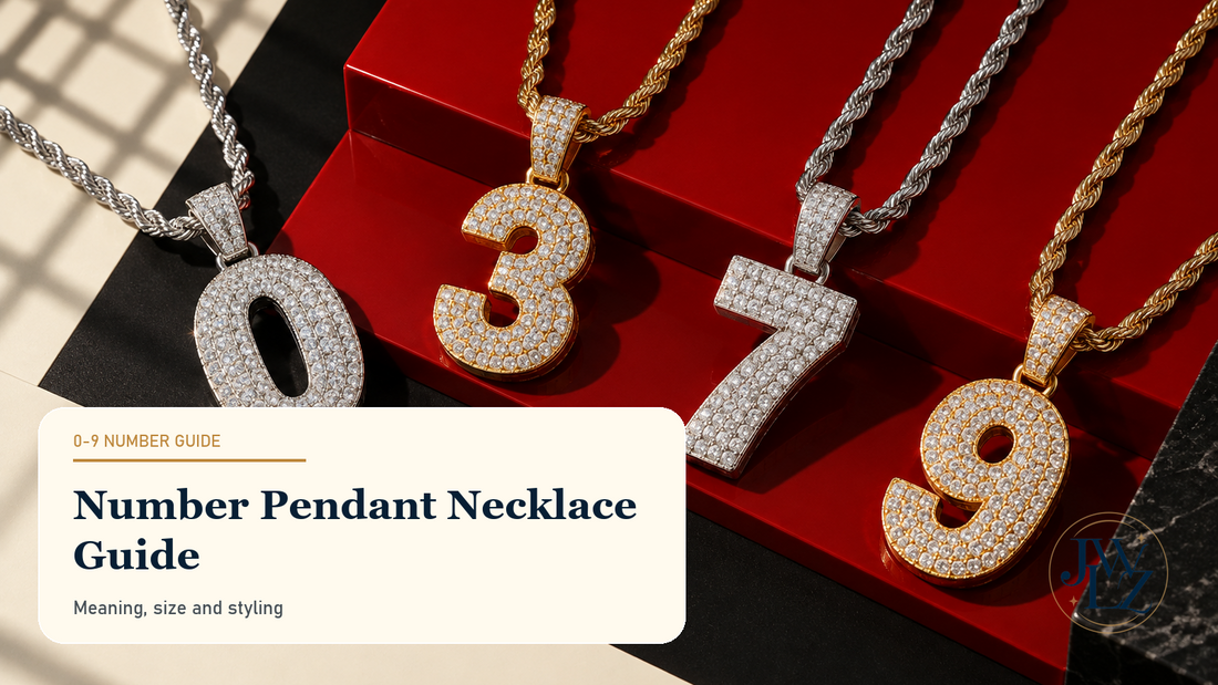 Number pendant necklace guide showing iced 0, 3, 7 and 9 pendants in gold and silver tones on a red and black editorial display.
