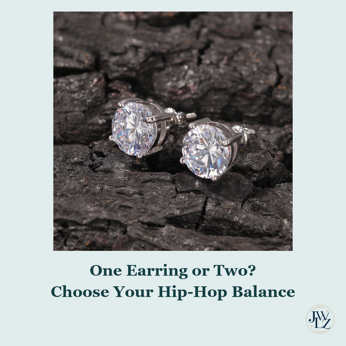 Existing round CZ stud photograph on a pale teal cover titled One Earring or Two Choose Your Hip-Hop Balance