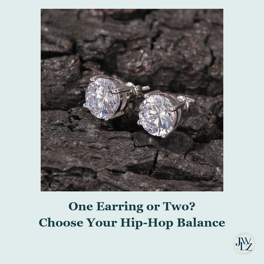 Existing round CZ stud photograph on a pale teal cover titled One Earring or Two Choose Your Hip-Hop Balance