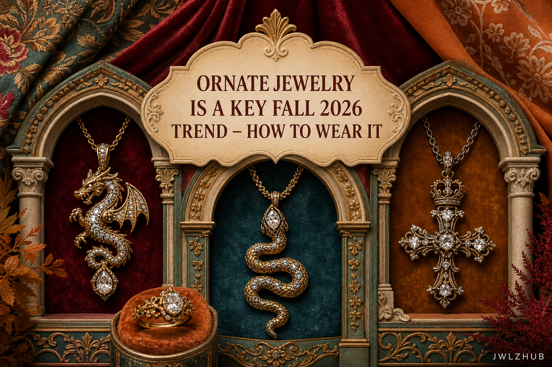 Fall 2026 ornate jewelry trend cover with original dragon, snake and crowned cross pendants displayed in colorful carved arches.