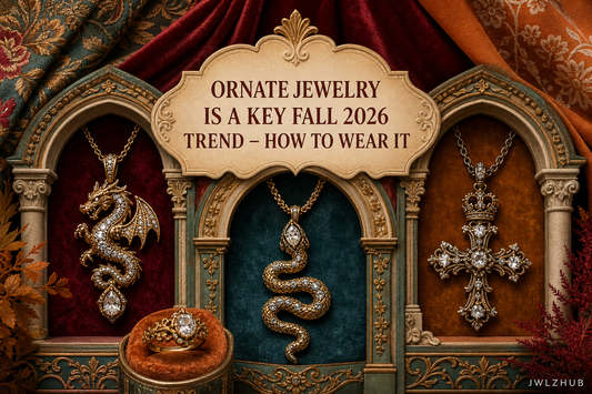 Fall 2026 ornate jewelry trend cover with original dragon, snake and crowned cross pendants displayed in colorful carved arches.