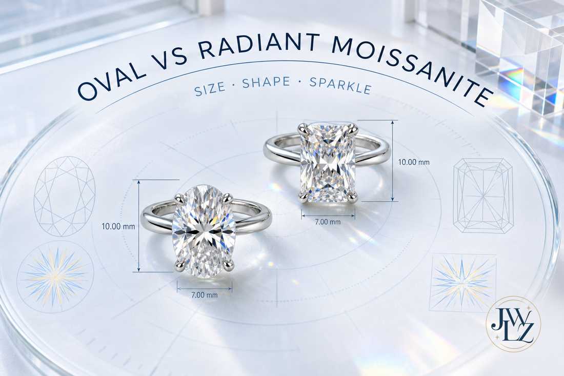 Oval and radiant moissanite rings compared beside millimeter dimensions and light-pattern diagrams on a bright gemology table.