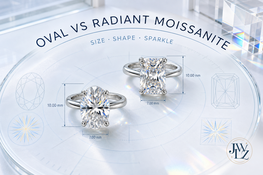 Oval and radiant moissanite rings compared beside millimeter dimensions and light-pattern diagrams on a bright gemology table.