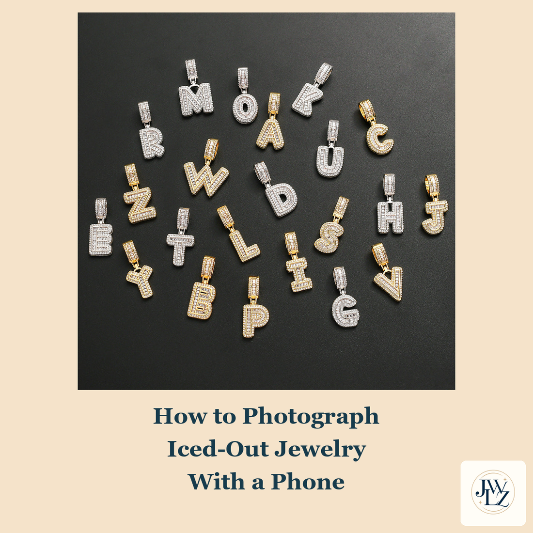 Existing initial pendant listing photograph on a cream cover titled How to Photograph Iced-Out Jewelry With a Phone