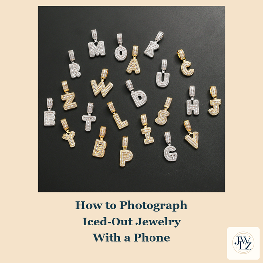 Existing initial pendant listing photograph on a cream cover titled How to Photograph Iced-Out Jewelry With a Phone