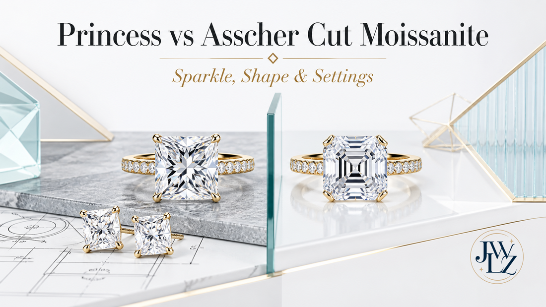Princess and Asscher cut moissanite rings and studs compared on a bright geometric jewelry board.