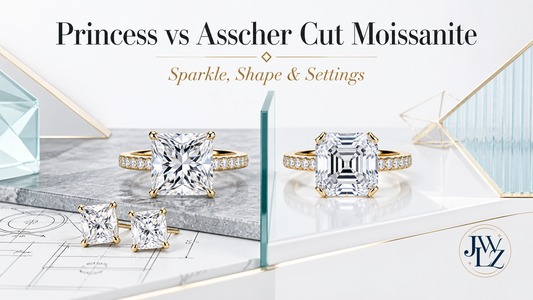 Princess and Asscher cut moissanite rings and studs compared on a bright geometric jewelry board.