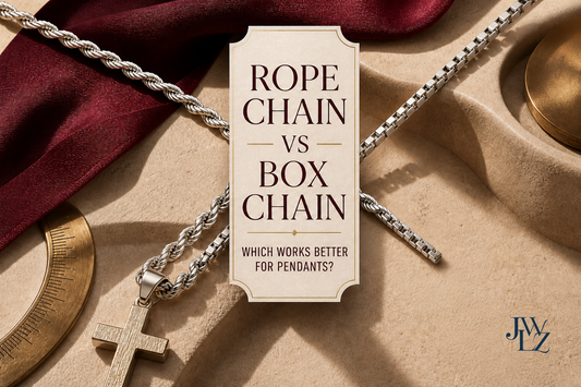 Premium rope chain and box chain arranged with two generic pendants on a warm editorial jewelry display with visible link texture.