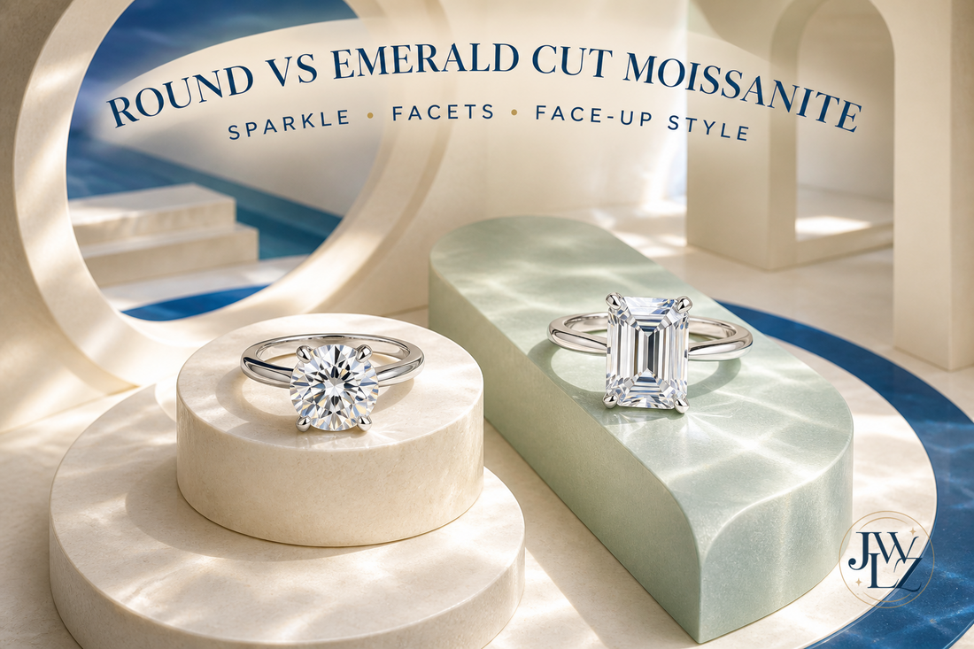 Round brilliant-style and emerald step-cut moissanite rings displayed on intersecting architectural jewelry platforms.