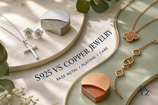 Premium S925 sterling silver and plated copper jewelry displayed with clear base-metal and surface-layer samples on a bright materials table.