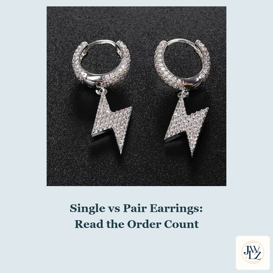 Existing silver-tone lightning earring pair photograph on a pale blue cover titled Single vs Pair Earrings Read the Order Count