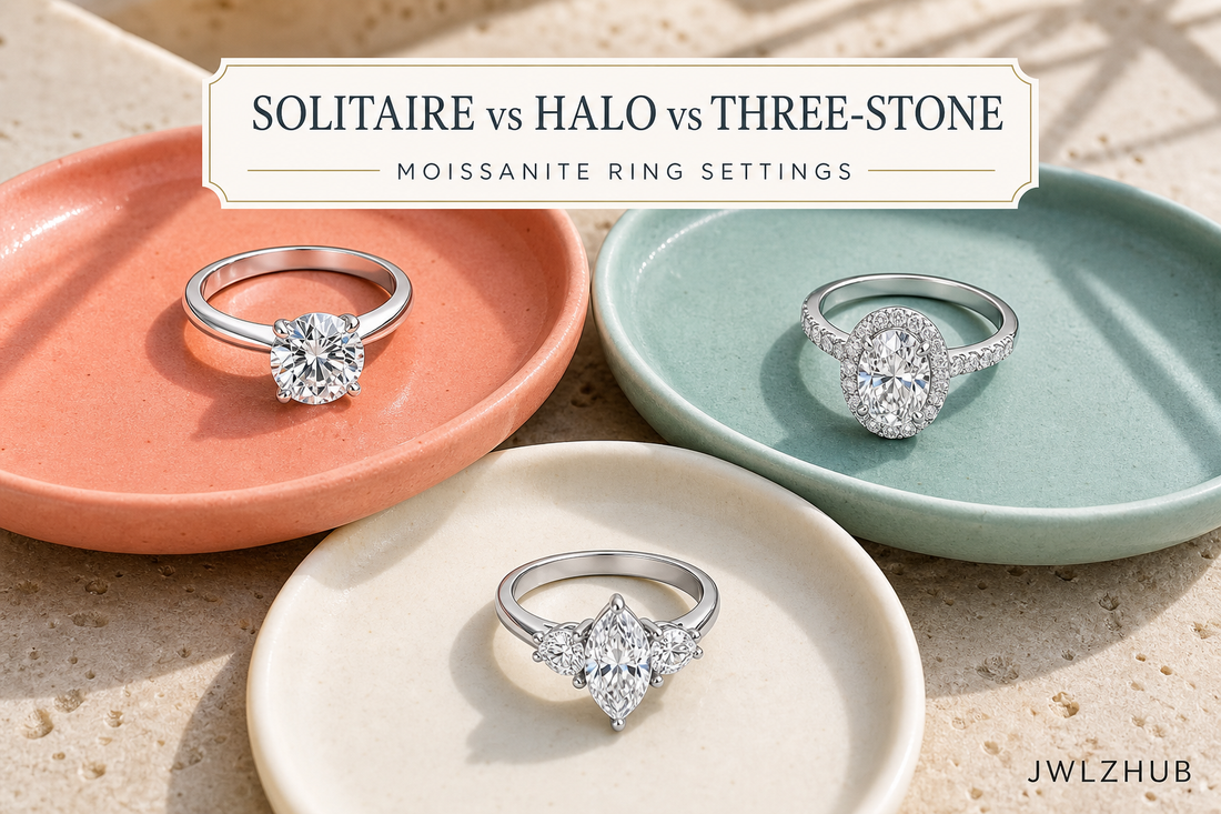Solitaire, halo and three-stone moissanite rings compared on three colorful ceramic trays with a small JWLZHUB logo.