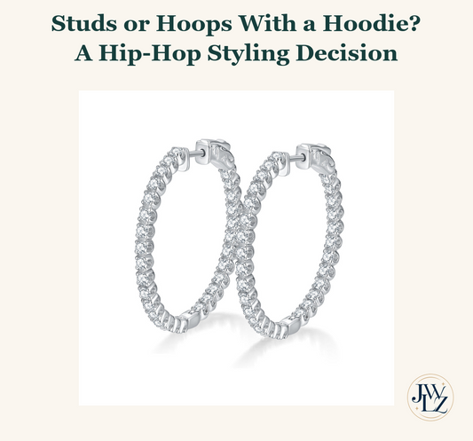 Existing S925 clear-stone hoop earring photo in a titled editorial cover comparing studs and hoops with a hoodie
