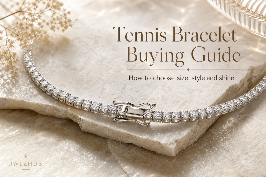 Tennis bracelet buying guide cover image with a bright bracelet hero shot and a readable Tennis Bracelet Buying Guide title.