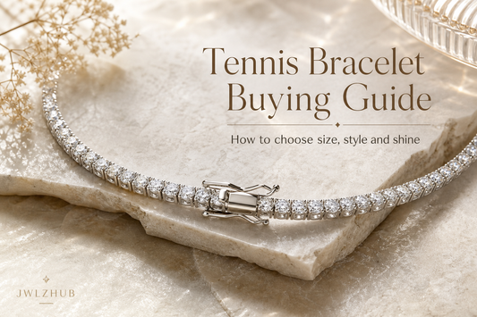 Tennis bracelet buying guide cover image with a bright bracelet hero shot and a readable Tennis Bracelet Buying Guide title.