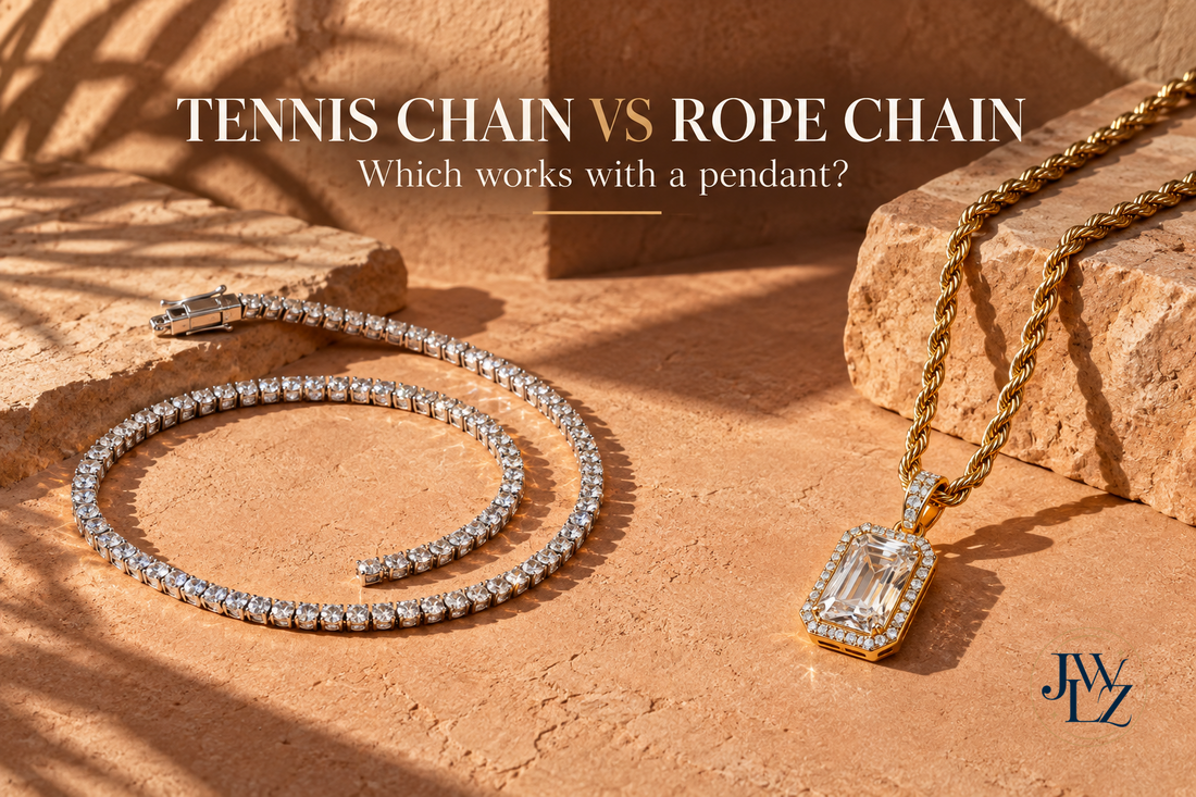 Editorial concept showing a silver-tone tennis chain beside a gold-tone rope chain carrying a generic stone-set pendant on warm terracotta.