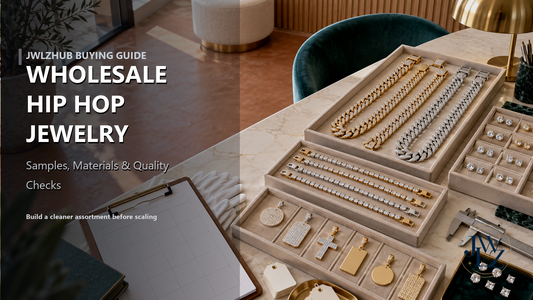 Premium hip hop chains, bracelets, pendants and stud earrings organized on sample trays with a buying checklist and exact guide title.