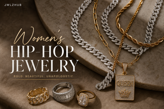Women's hip-hop jewelry guide cover image with styled chains, rings, and pendants plus a readable Women's Hip-Hop Jewelry title.