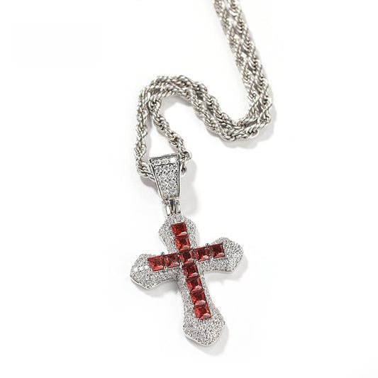Unisex Cross Pendant Necklace with Zircon Stone, Stainless Steel Twist Chain 24 Inch, Hip Hop Punk Statement Jewelry