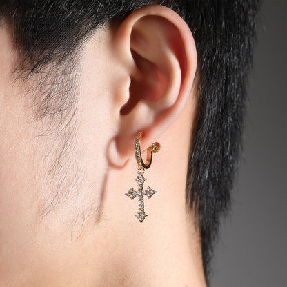 Men’s Cross Dangle Hoop Earrings with Cubic Zirconia – Gold Plated & Silver Plated Spiral Clip Style
