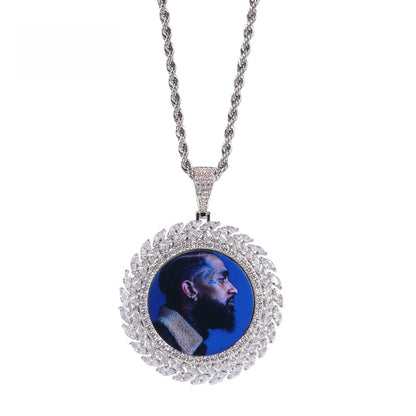 Custom Wheat Leaf Photo Pendant Necklace with Cubic Zirconia Twisted Chain for Women and Men