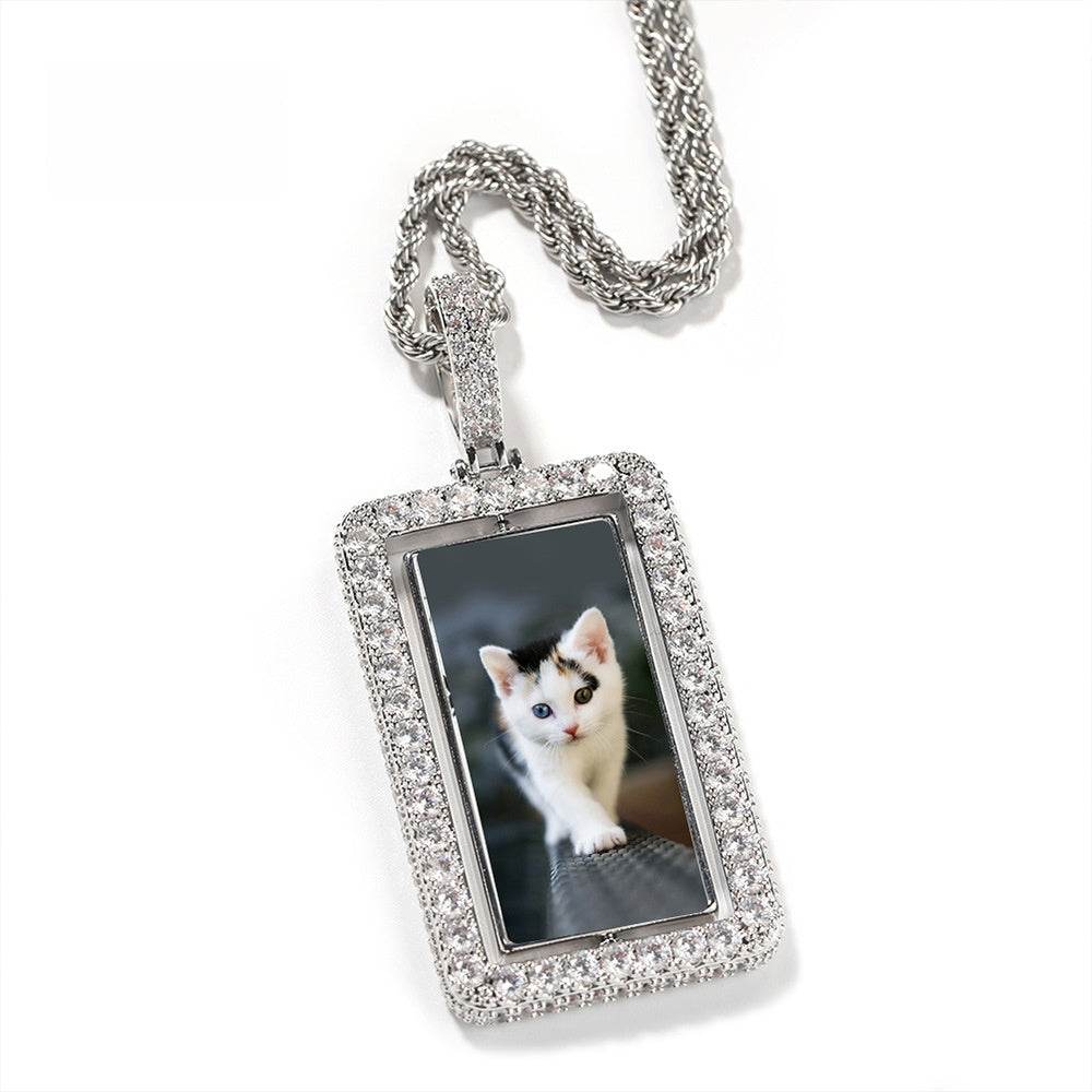 Unisex Square Rotating Photo Pendant Necklace with Cubic Zirconia Twisted Chain product image