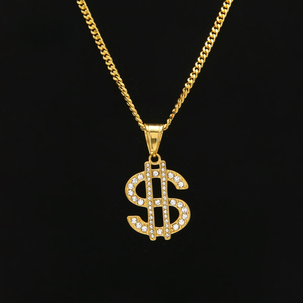 Gold Plated Stainless Steel Dollar Sign Pendant Necklace with 3mm Cuban Chain