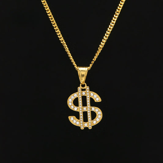 Gold Plated Stainless Steel Dollar Sign Pendant Necklace with 3mm Cuban Chain
